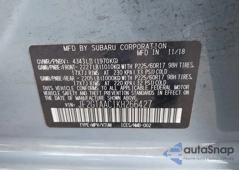 2019 Subaru Crosstrek 2.0I from USA, damaged, VIN JF2GTAAC1KH266427